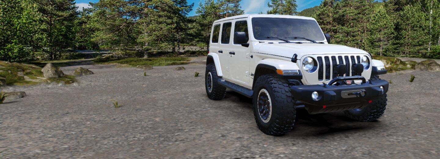 A three-quarter front view of a white 2021 Jeep Wrangler Sahara, modified with genuine Jeep Performance Parts and Accessories, parked on a gravel surface in the woods.
