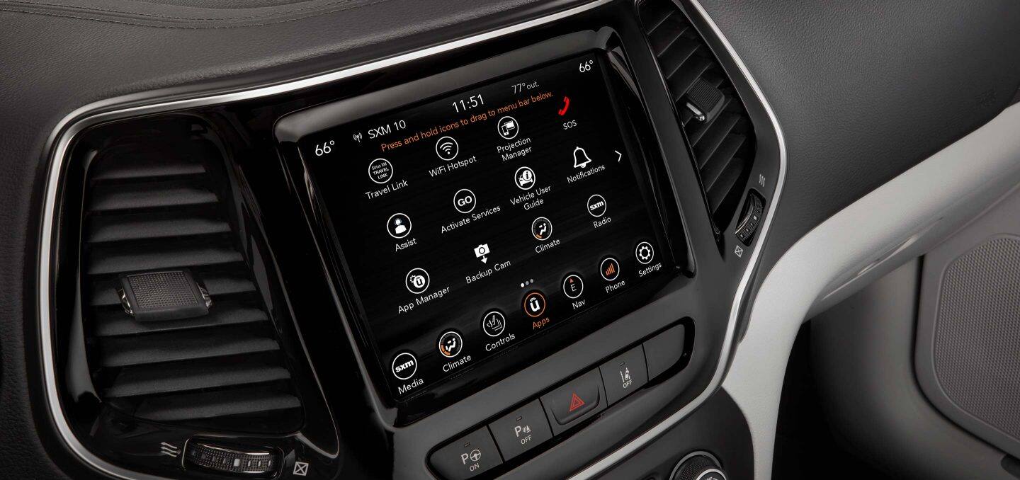 Display A close-up of the Uconnect touchescreen in the 2022 Jeep Cherokee Limited, with the Apps screen displayed.