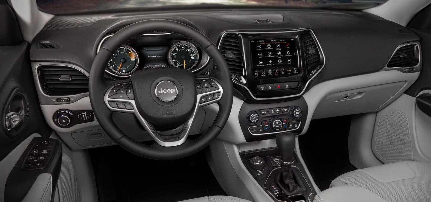 The view from the driver's seat in the 2022 Jeep Cherokee Limited, with the steering wheel front and center.