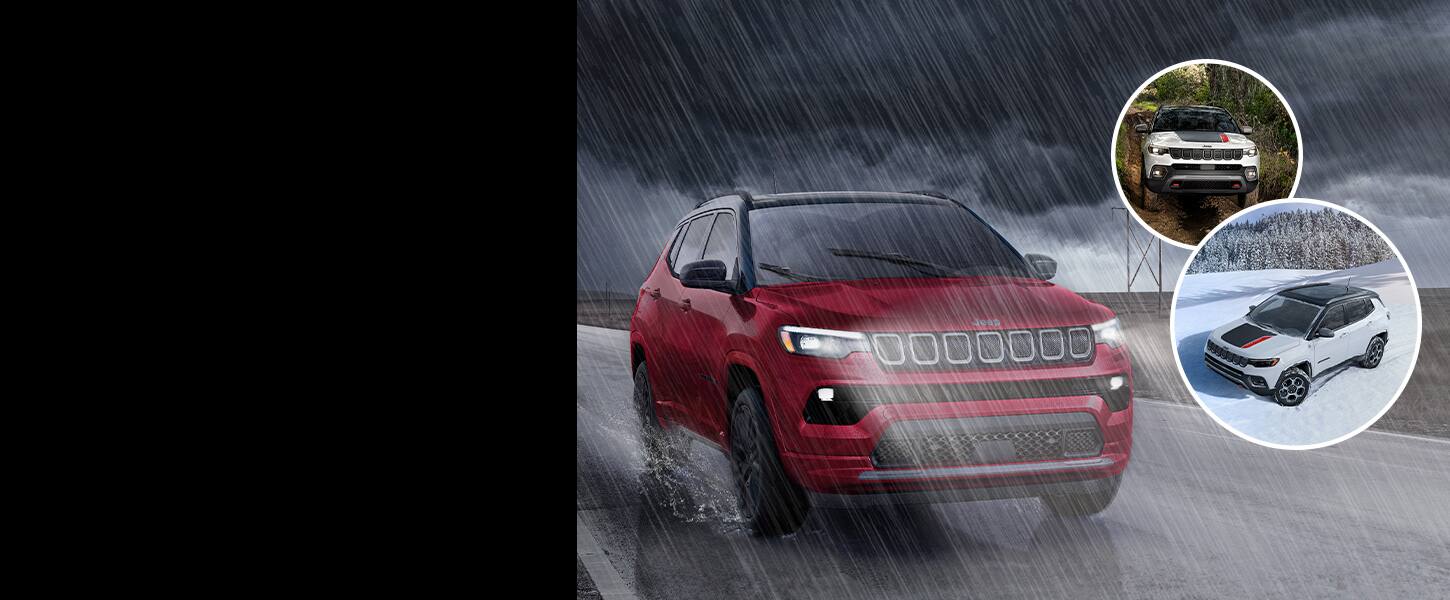 A collage of images of the 2022 Jeep Compass being driven in different weather conditions: heavy rain, snow and mud.