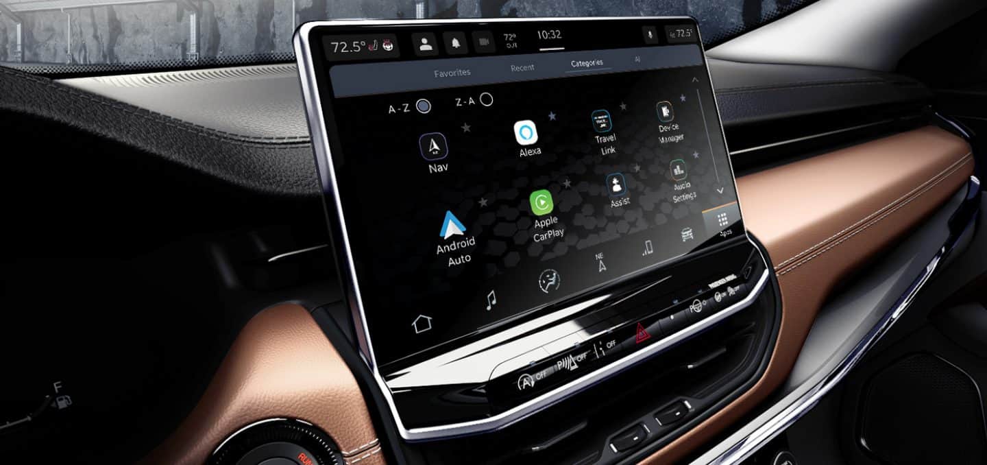 Display The touchscreen in the 2022 Jeep Compass displaying the Categories screen.