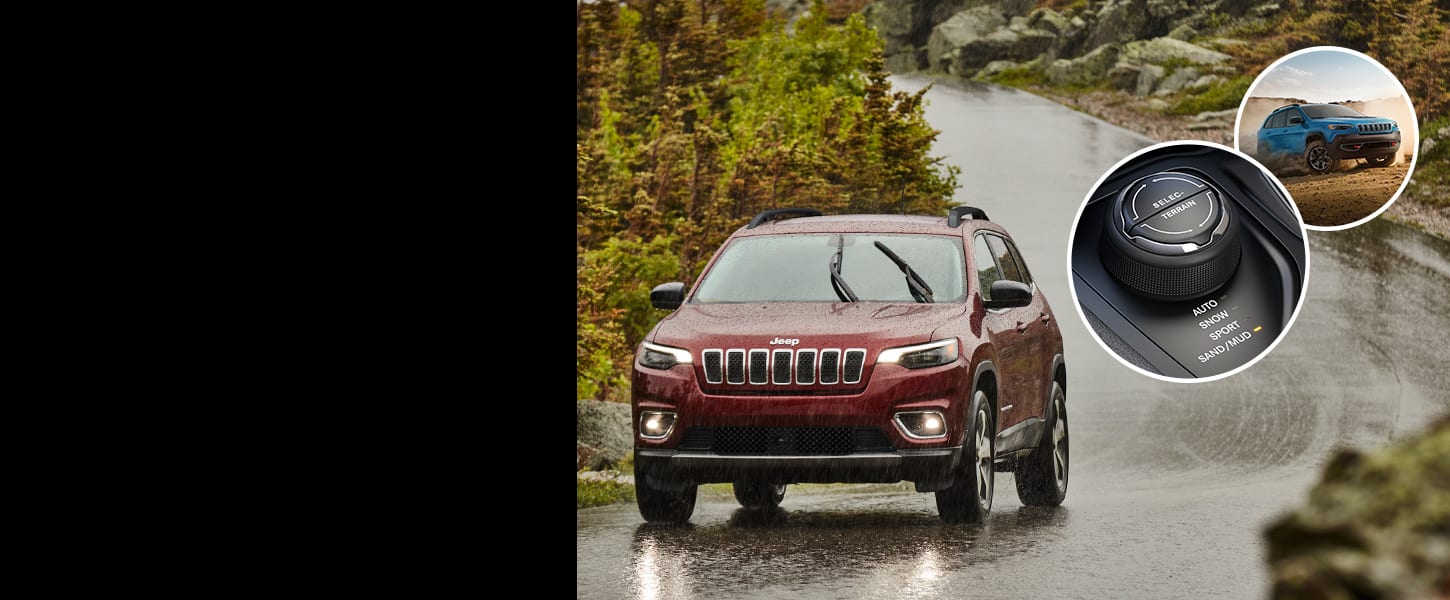 A collage of images of the 2022 Jeep Cherokee: being driven on a road in the rain, kicking up dust on a dirt road and a close-up of the Selec-Terrain dial.