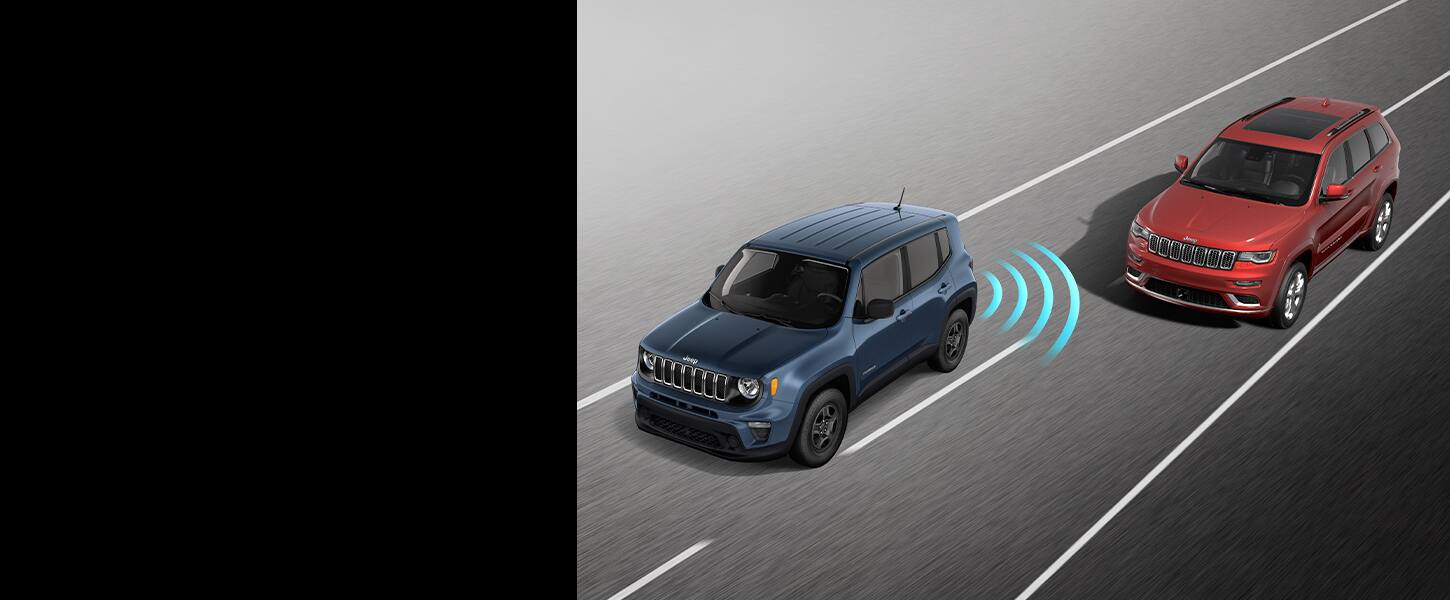 A 2022 Jeep Renegade with curved sensor bars emanating from its rear driver side toward a vehicle moving forward in the next lane.