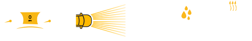 An overhead illustration of a vehicle with its headlamps on. An illustration of a windshield with its wipers up and raindrops falling. An illustrated steering wheel with wavy arrows eminating from it, representing heat.