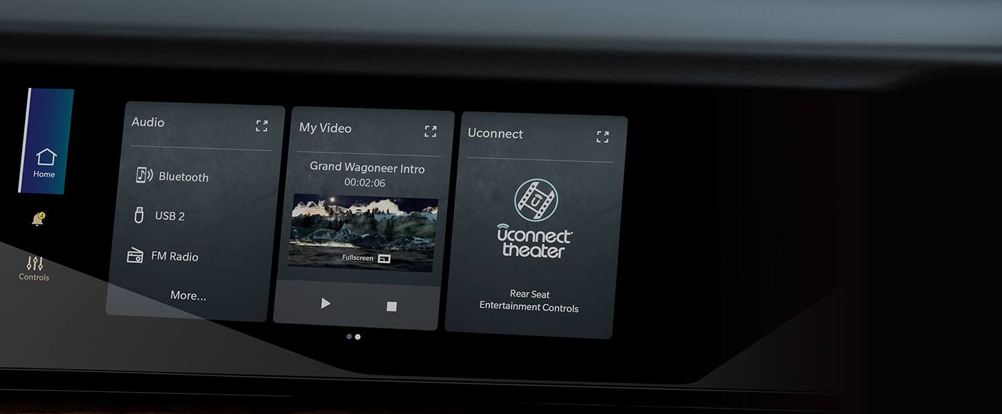 The passenger interactive display in the 2022 Wagoneer with three windows displayed showing audio options, video options and Uconnect theater options.