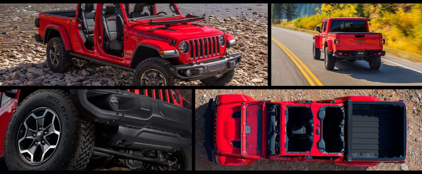 Un collage de cuatro imágenes de la Jeep Gladiator Rubicon 2022 desde varios ángulos.
