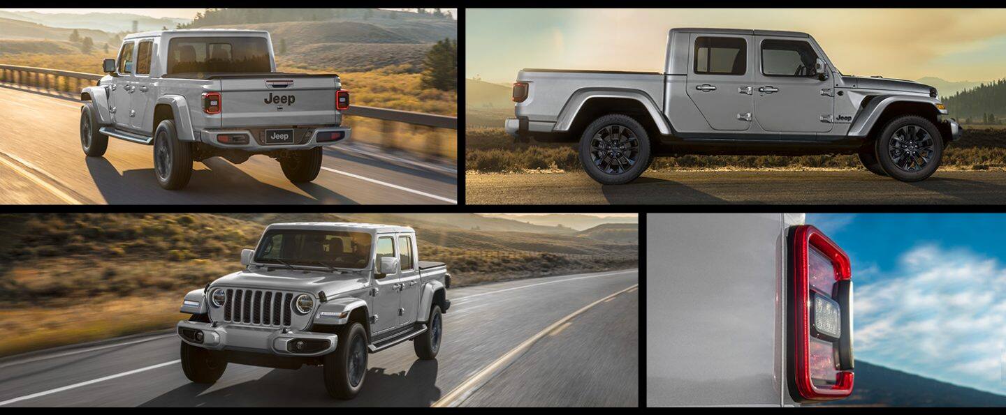 Un collage de cuatro imágenes de la Jeep Gladiator High Altitude 2022 desde diferentes ángulos.