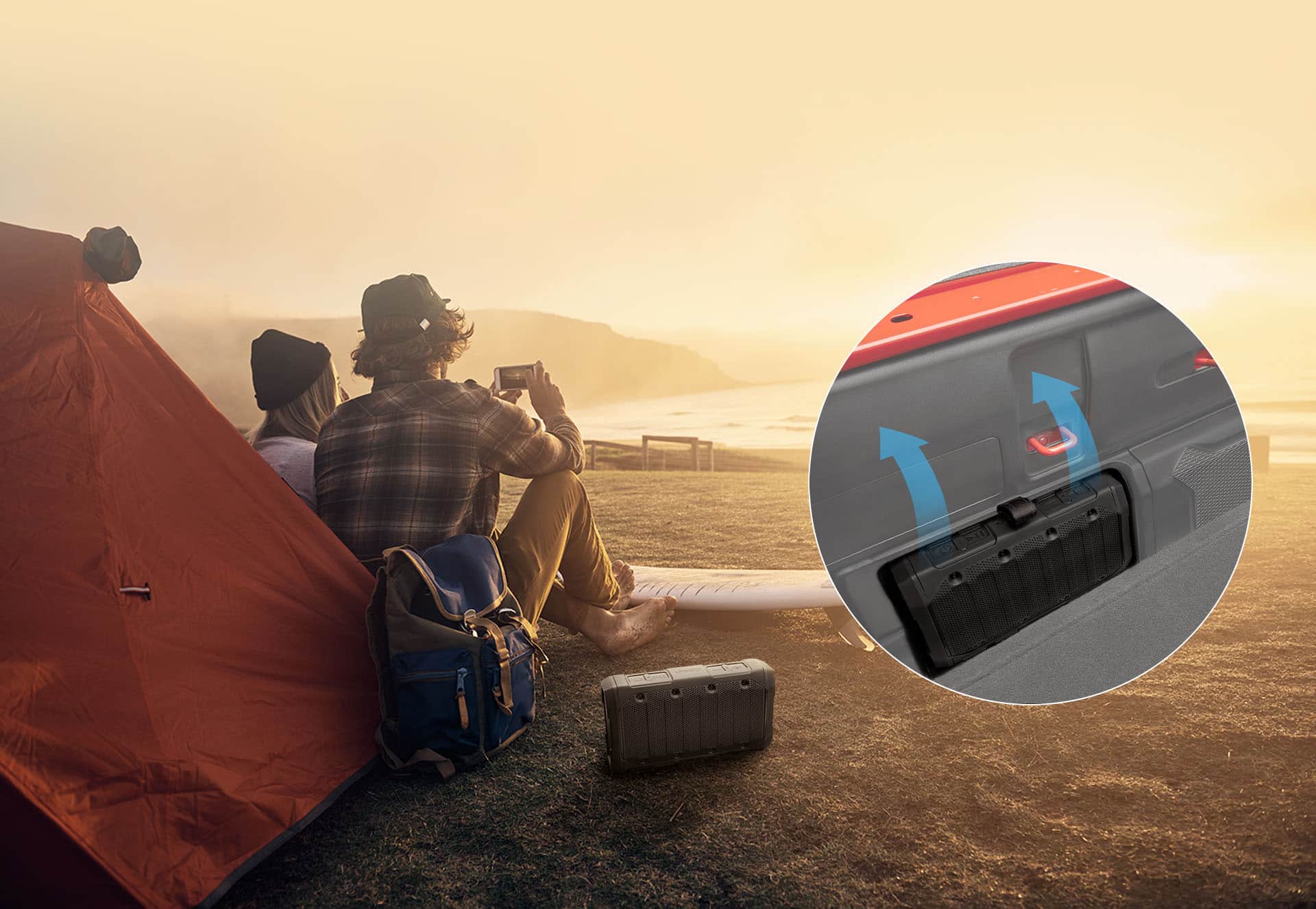 A couple on the beach with a wireless connectivity speaker beside them, as well as an inset image showing where the speaker fits into the side of the 2022 Jeep Gladiator truck bed.
