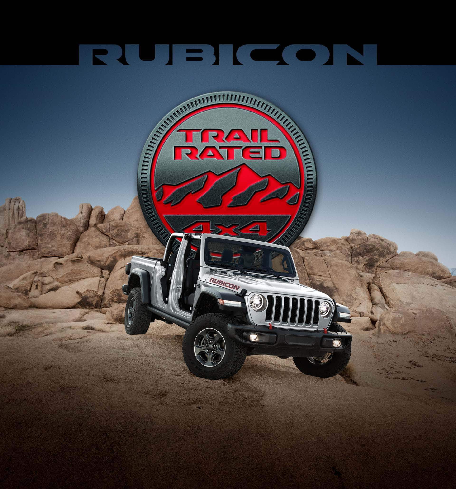 Rubicon. Una Jeep Gladiator Rubicon 2022 con las puertas y el techo extraídos, que comienza a descender por una colina rocosa, con el logotipo de Trail Rated 4x4 superpuesto.
