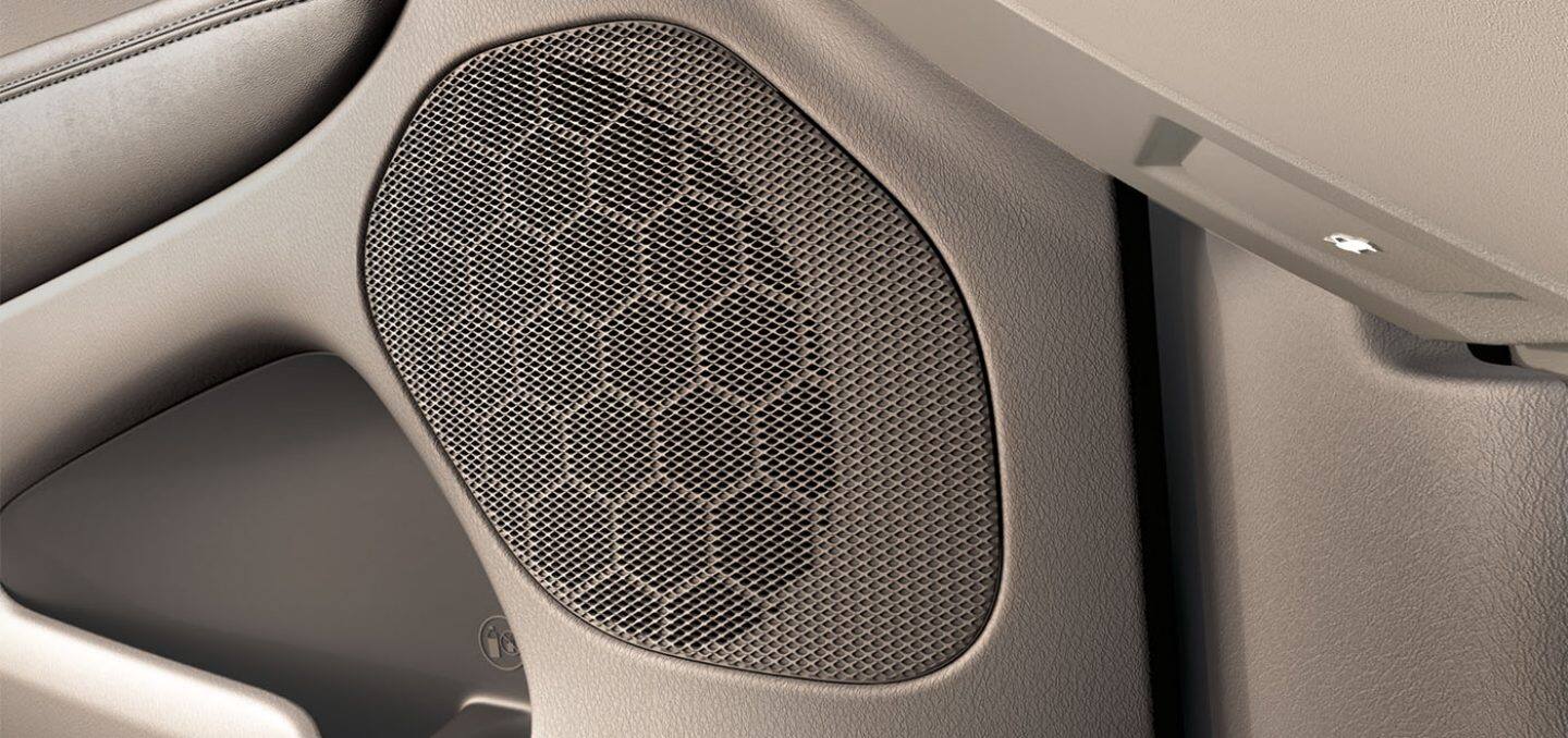 Display A close-up of an Alpine speaker inside the 2022 Jeep Grand Cherokee WK.