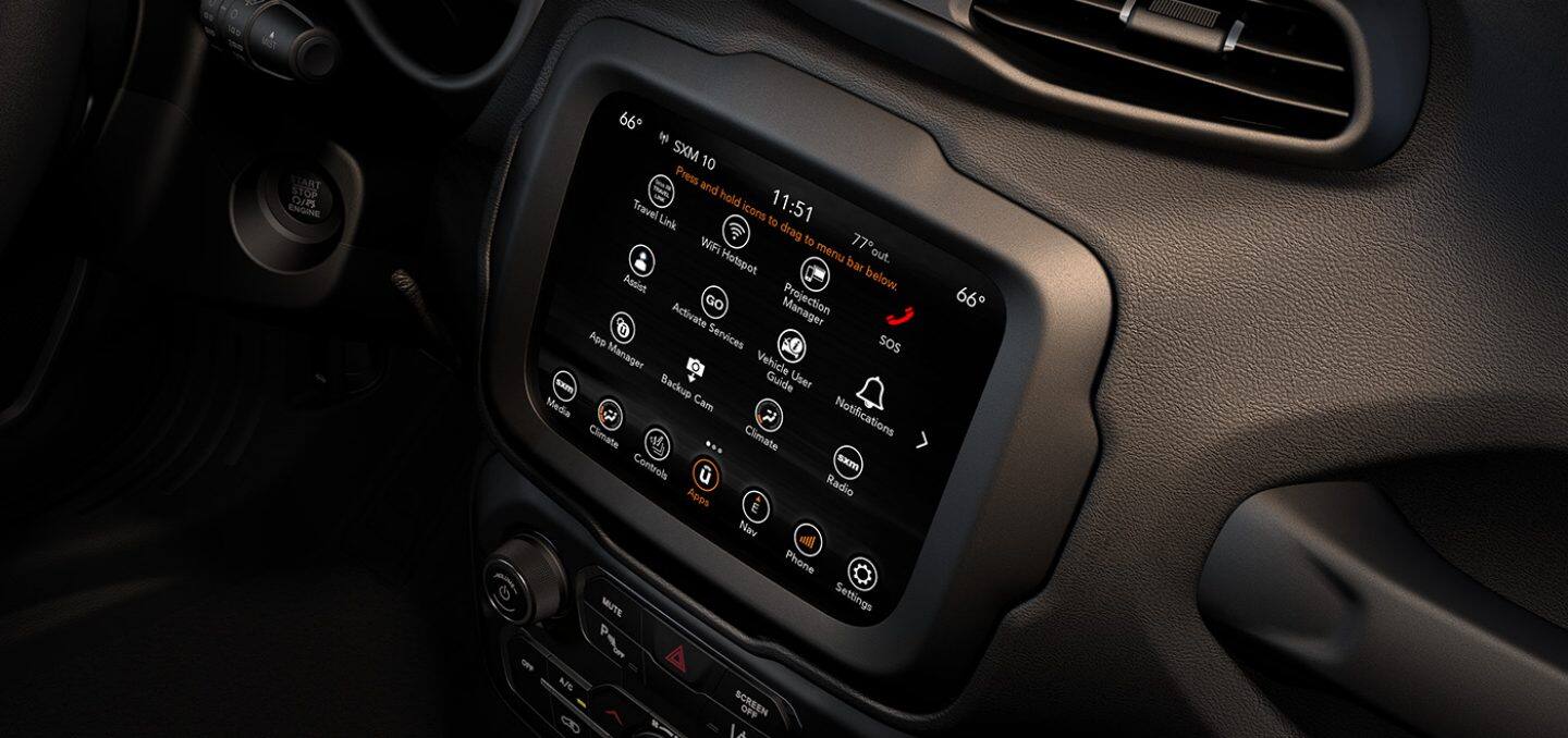 Display A close-up of the touchscreen in the 2022 Jeep Renegade, displaying the Apps screen and associated icons.