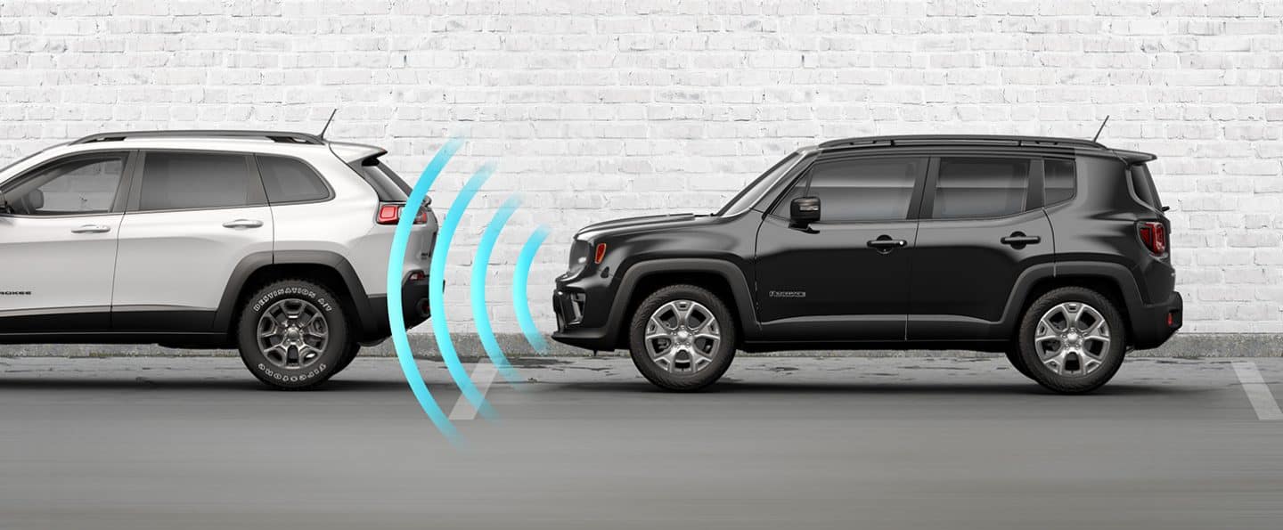 The 2022 Jeep Renegade parked at a curb between two vehicles, with illustrated sensor bars coming from its front end to detect the vehicle ahead.