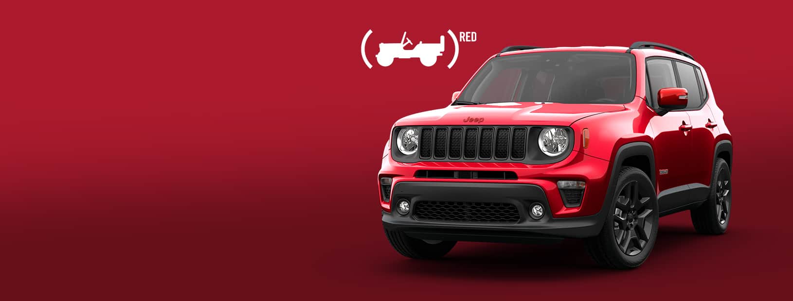 Logo de Jeep Red Edition y vista frontal de medio perfil del Jeep Red Edition Renegade 2022​​​​​​​.