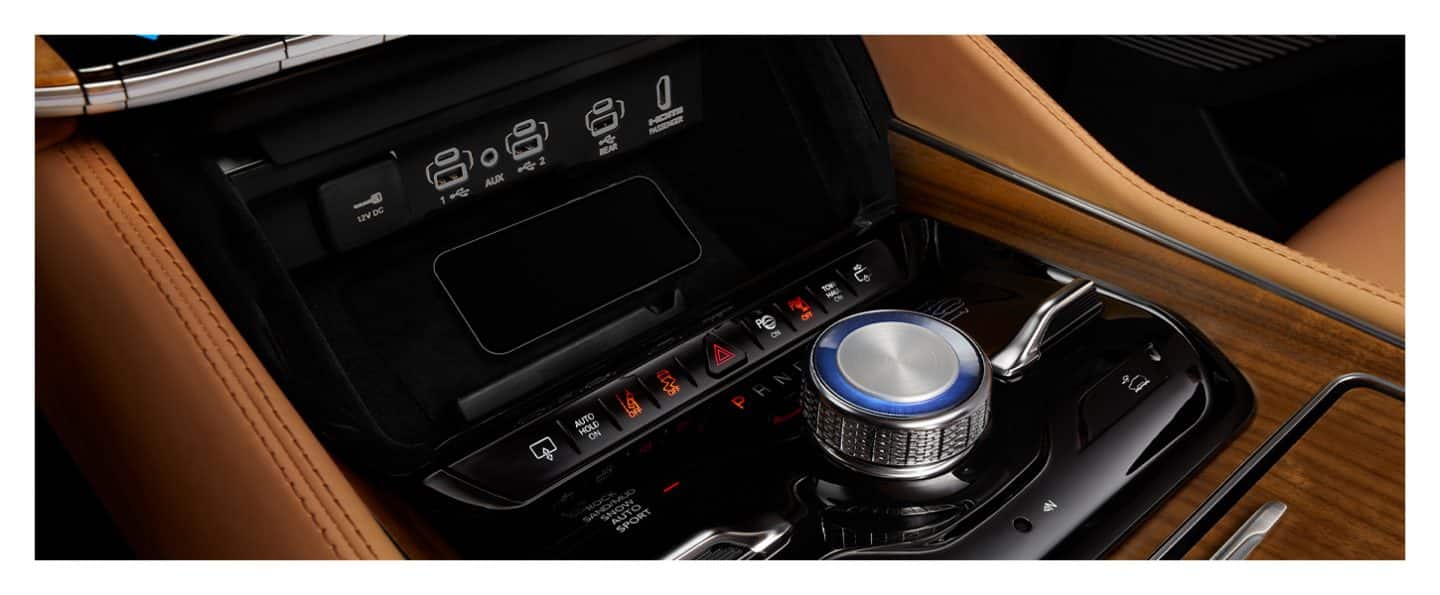 The wireless charging pad in the 2022 Grand Wagoneer, located just below the USB ports.