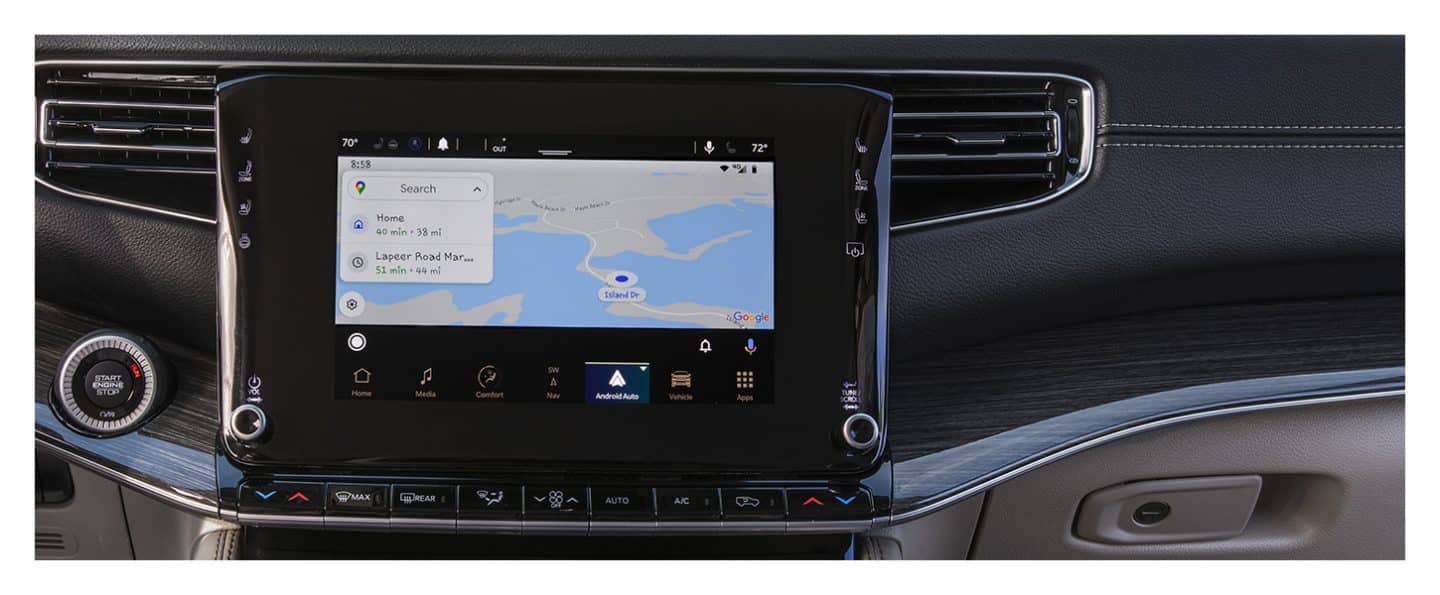 The touchscreen in the 2022 Wagoneer displaying Navigation options through Android Auto.