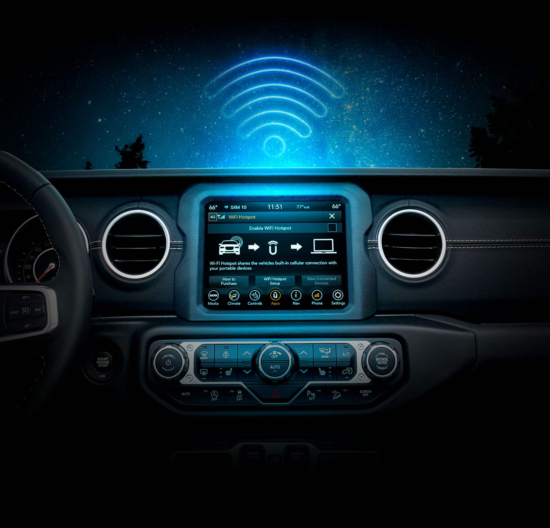 The touchscreen in the 2022 Jeep Wrangler Sahara, showing connectivity options: Jeep Vehicle Care, Uconnect Care, SiriusXM Guardian Connected Services and Roadside Assist.