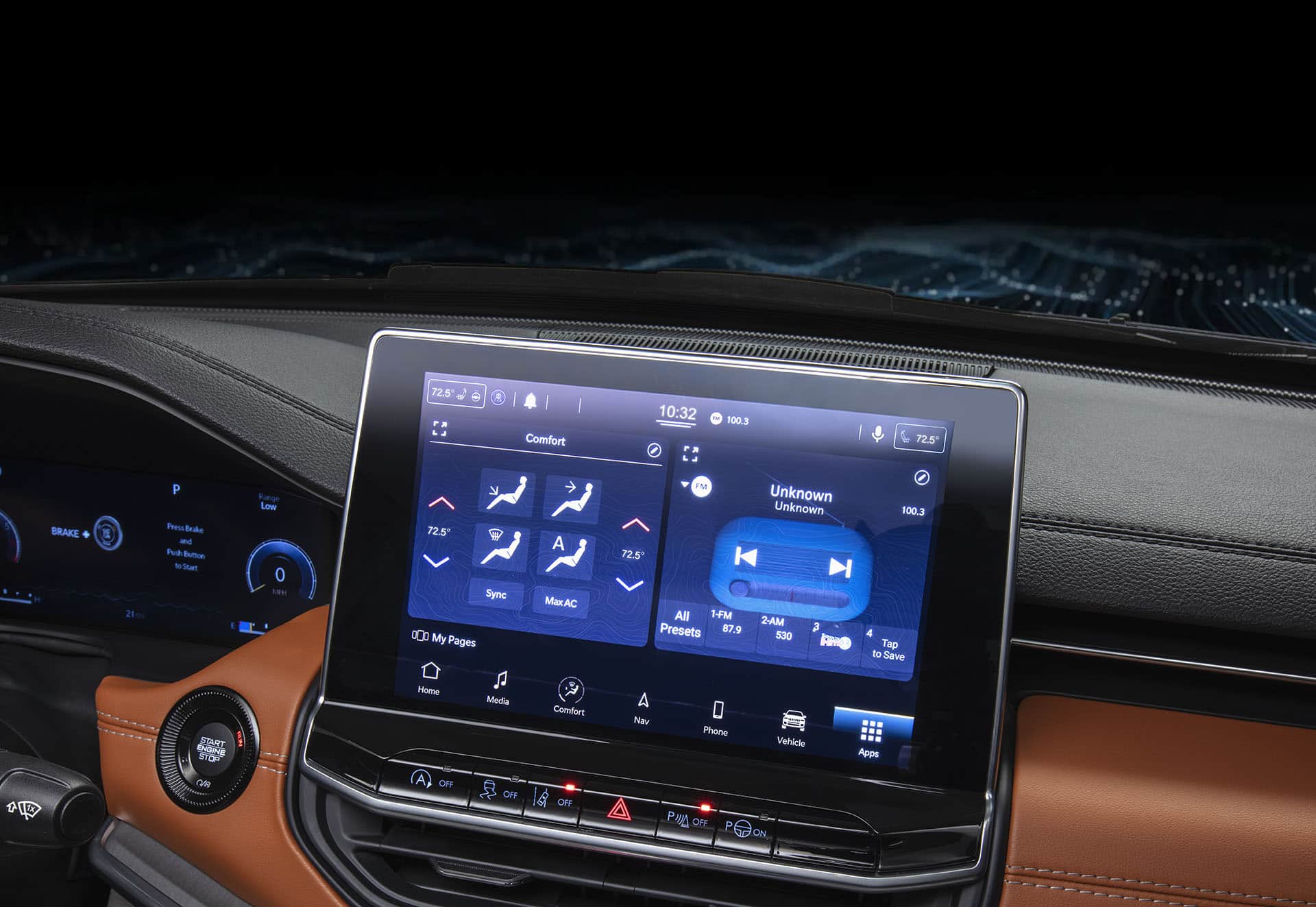 The Uconnect touchscreen in the 2023 Jeep Compass displaying a split screen of climate controls and radio station data.