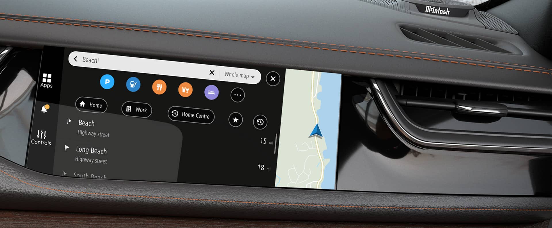 A close-up of the Front Passenger Interactive Display with navigation options onscreen.