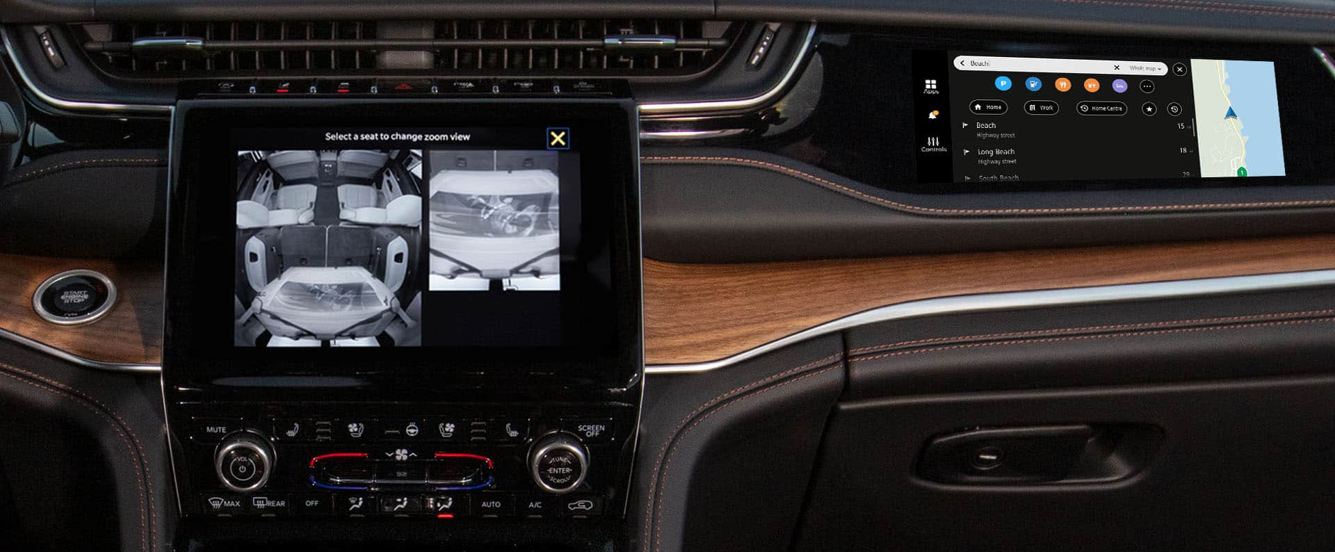 La pantalla táctil en el Jeep Grand Cherokee 2023 con varias vistas de la cámara interior de vigilancia del asiento trasero que se pueden seleccionar.