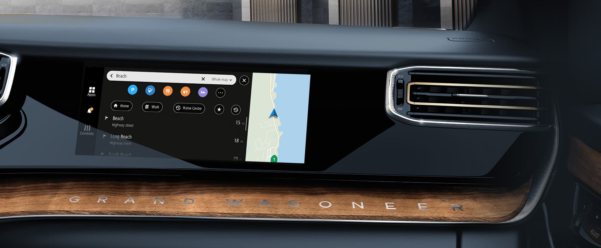 A close-up of the Front Passenger Interactive Display in the 2023 Grand Wagoneer with settings for audio, video and rear seat entertainment controls displayed.