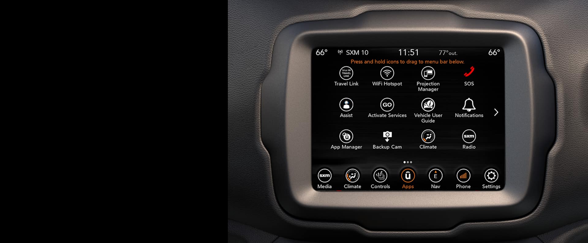 The touchscreen in the 2023 Jeep Renegade displaying a variety of entertainment, navigation and informational selections.