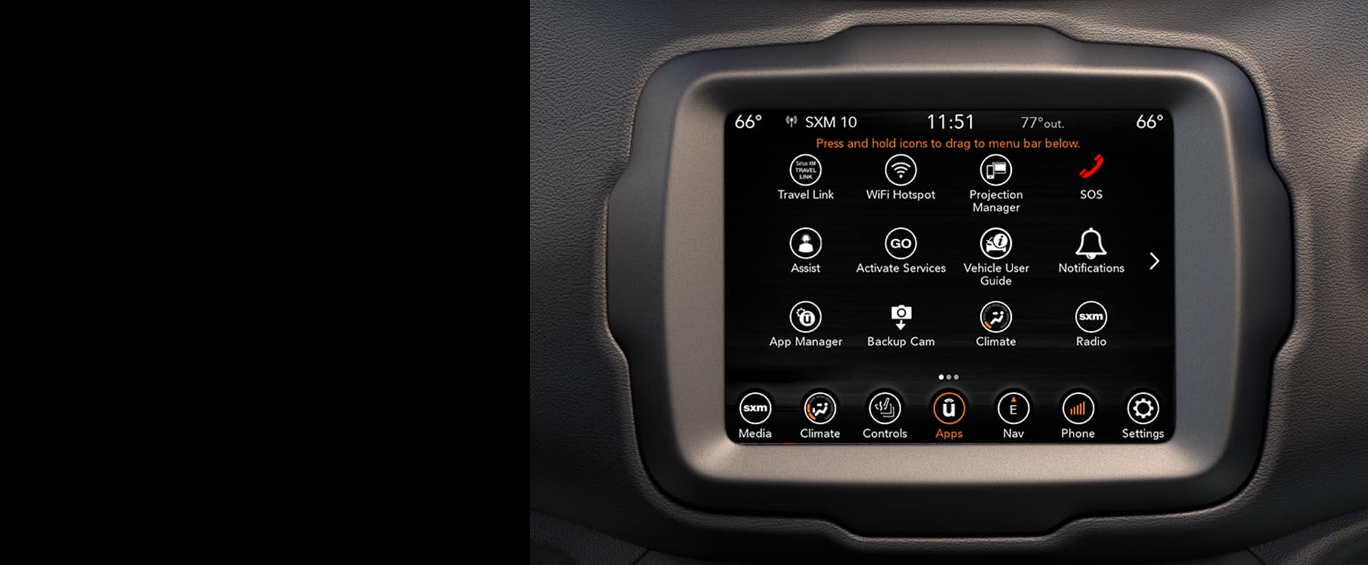 La pantalla táctil del Jeep Renegade 2023 muestra una variedad de selecciones de entretenimiento, navegación e información.