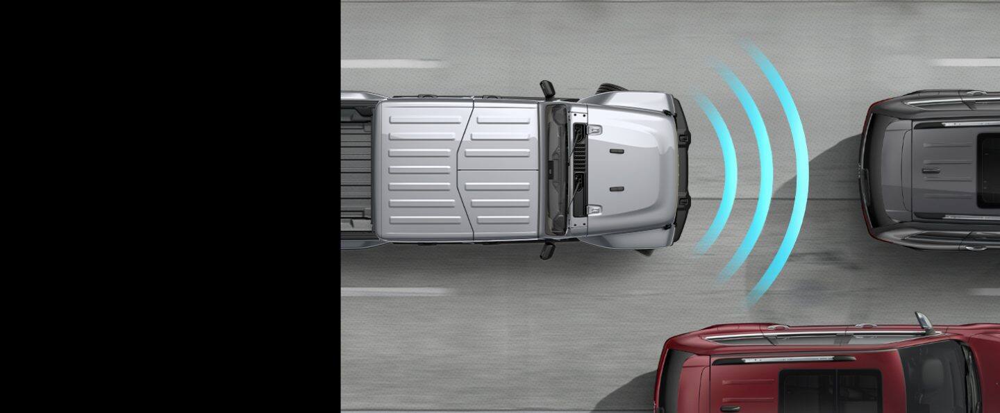 Illustrated sensor bars coming from the front of the 2023 Jeep Gladiator Overland, detecting a vehicle in the lane ahead.