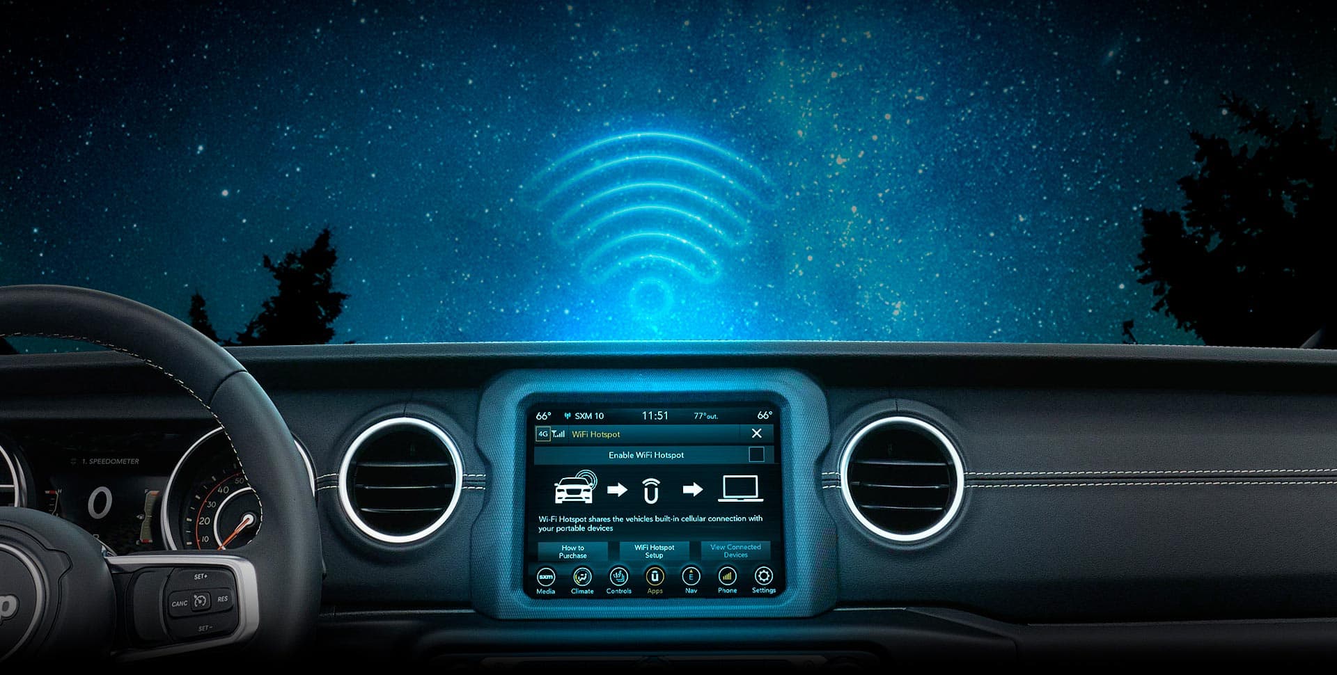 The Uconnect 8.4-inch touchscreen in the 2023 Jeep Gladiator displaying the Wi-Fi Hotspot screen.