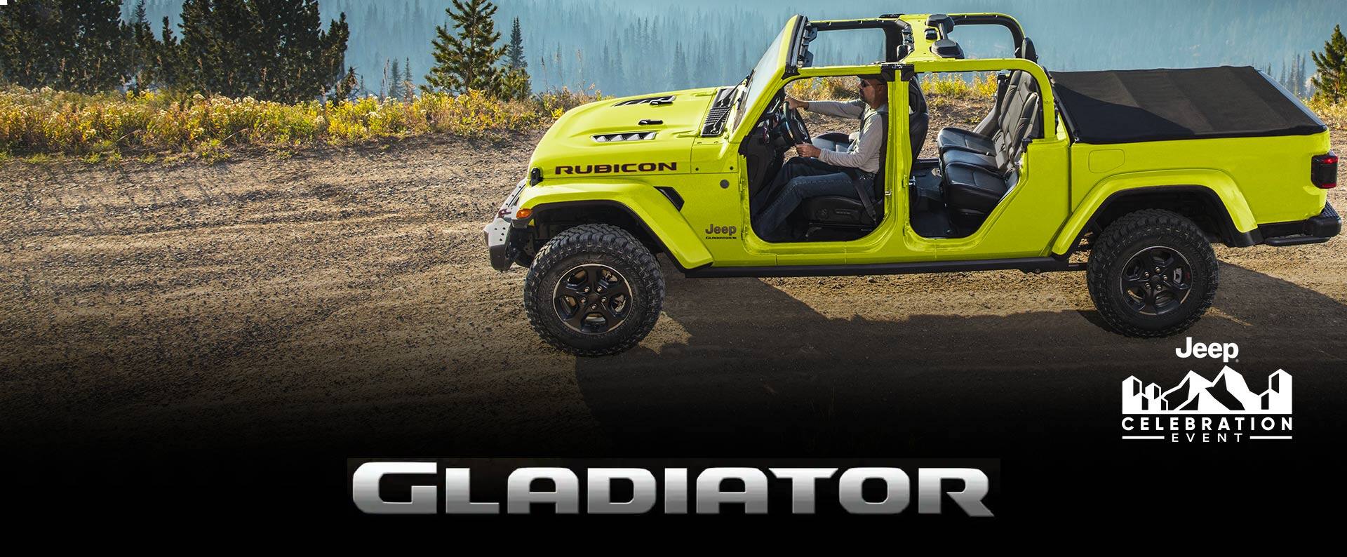 A driver-side profile of a lime green Jeep Gladiator Rubicon parked on a clearing with forest mountain in the background. Gladiator.