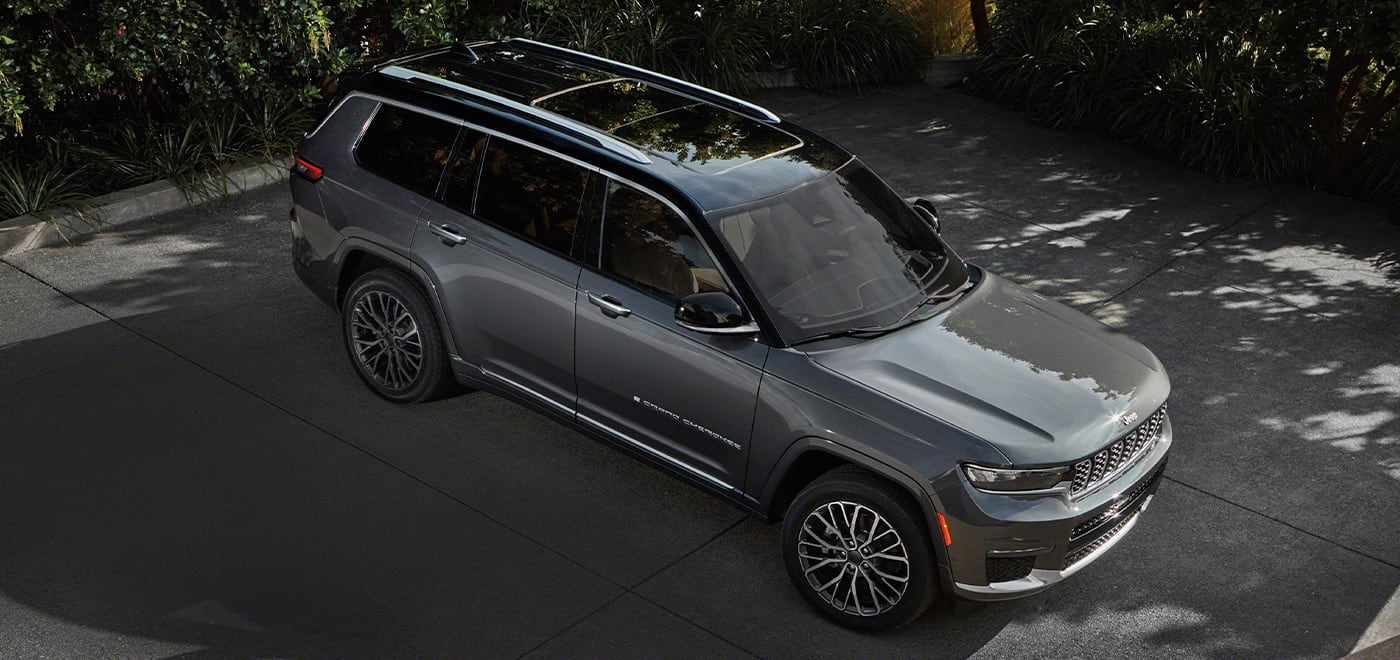 A raised view of a gray 2023 Jeep Grand Cherokee L Summit Reserve. 