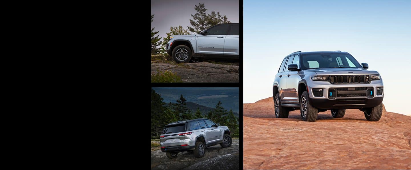 A collage of images showing the 2023 Jeep Grand Cherokee 4xe in different off-road terrain: on sand, on rock and on dirt.