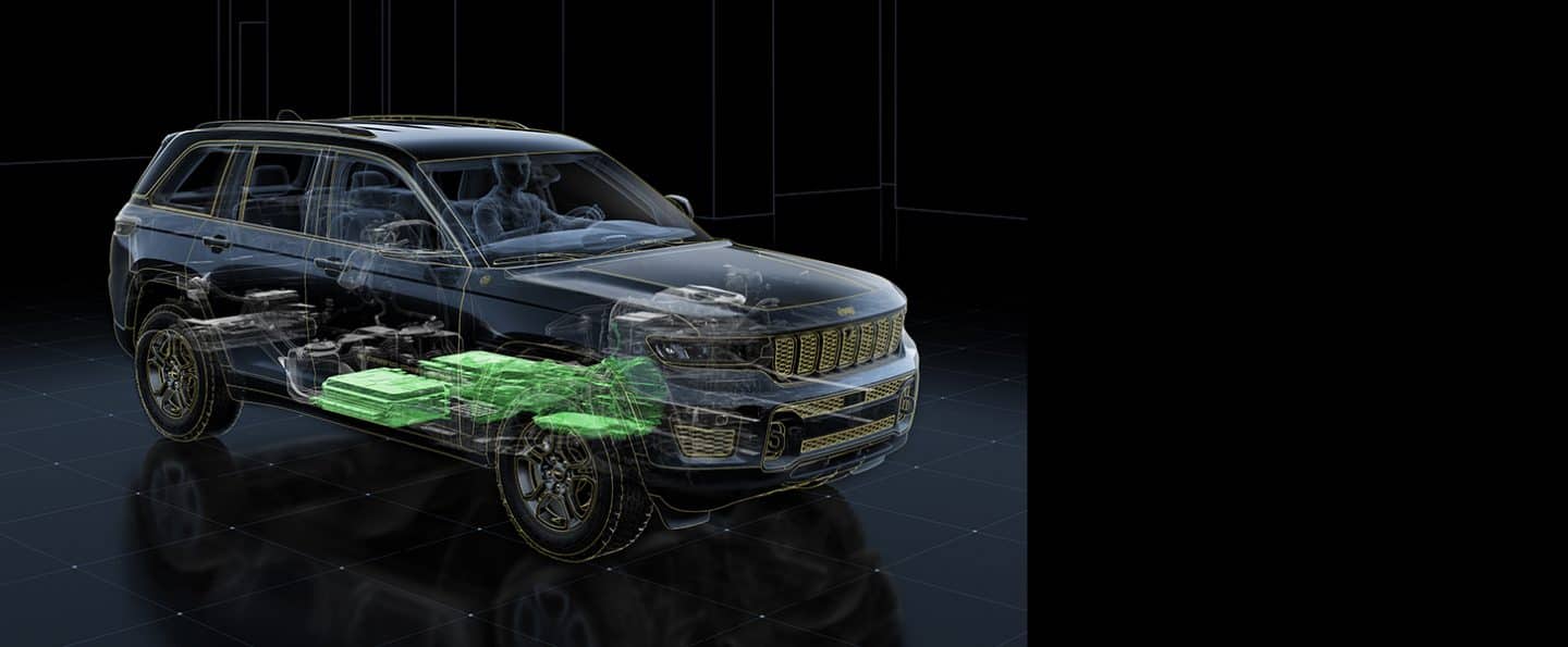An under-the-skin illustration of a 2023 Jeep Grand Cherokee with the battery highlighted.