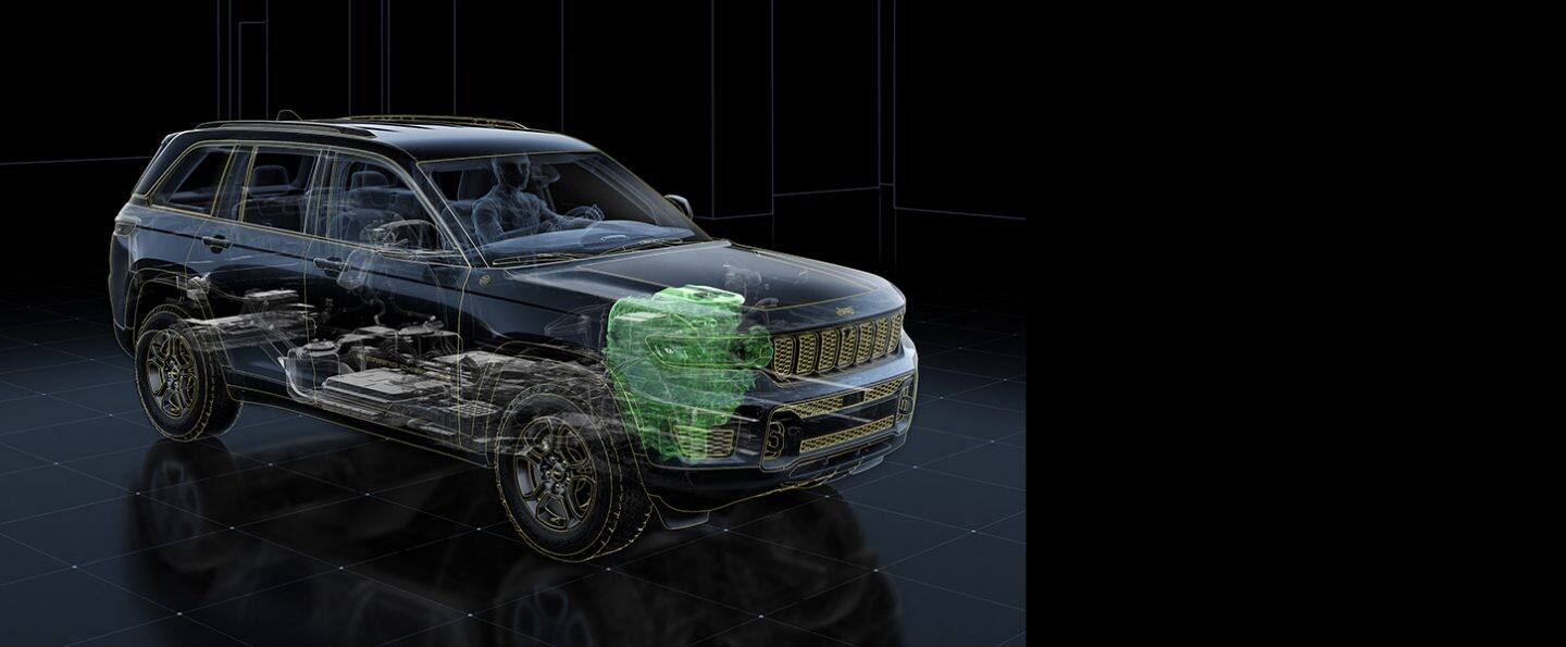 An under-the-skin illustration of a 2023 Jeep Grand Cherokee with the gasoline engine highlighted.