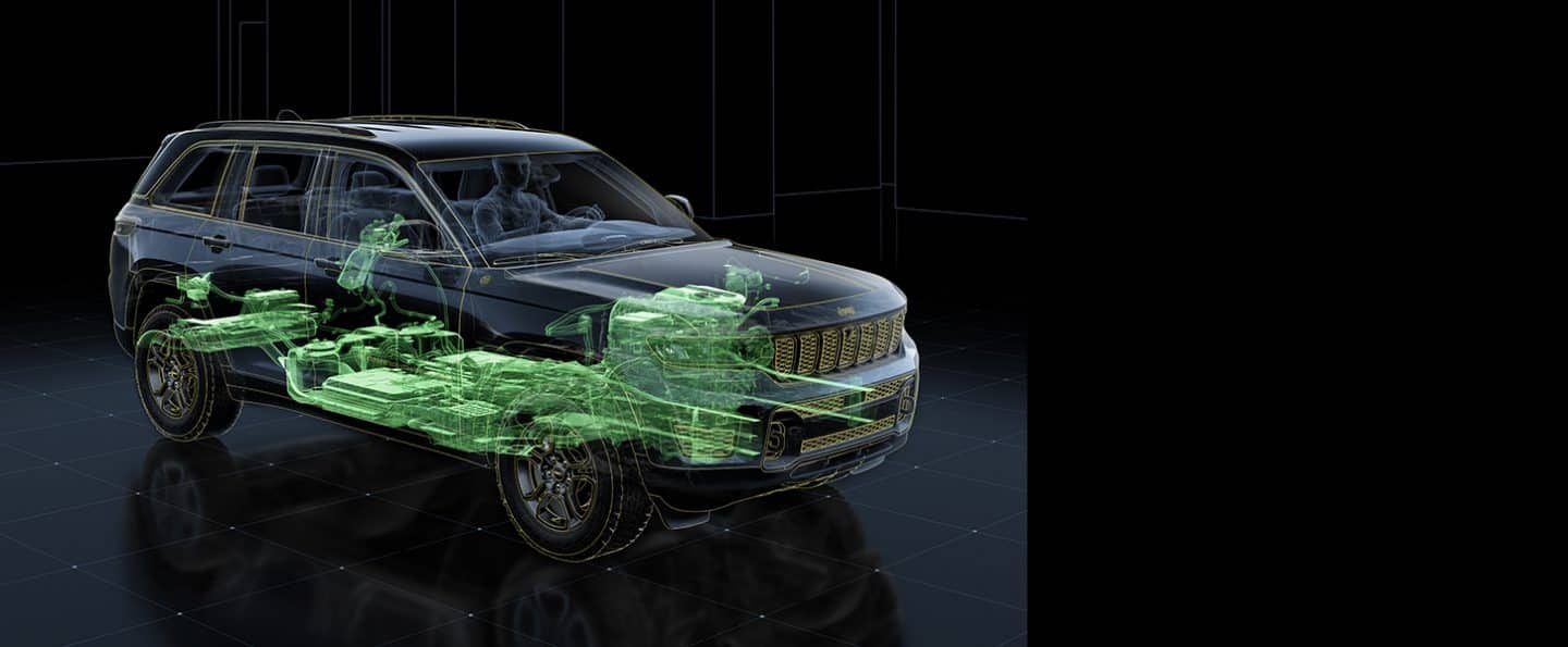 An under-the-skin illustration of a 2023 Jeep Grand Cherokee with the gasoline engine, battery and regenerative brakes highlighted.