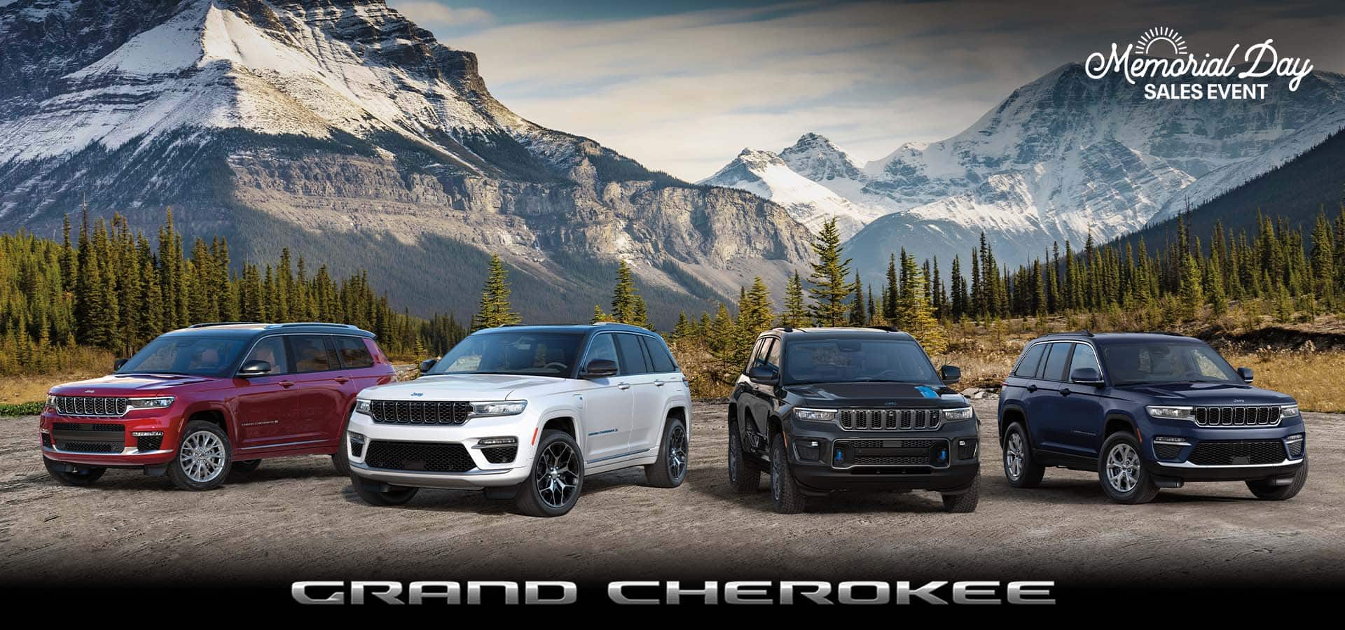 Una hilera de cuatro modelos Jeep Grand Cherokee estacionados en un claro con montañas nevadas de fondo. De izquierda a derecha: un Grand Cherokee Summit rojo, un Grand Cherokee Summit Reserve 4xe blanco, un Grand Cherokee Trailhawk 4xe negro y un Grand Cherokee Limited azul. Logo del evento de ventas por el Día de los Caídos.