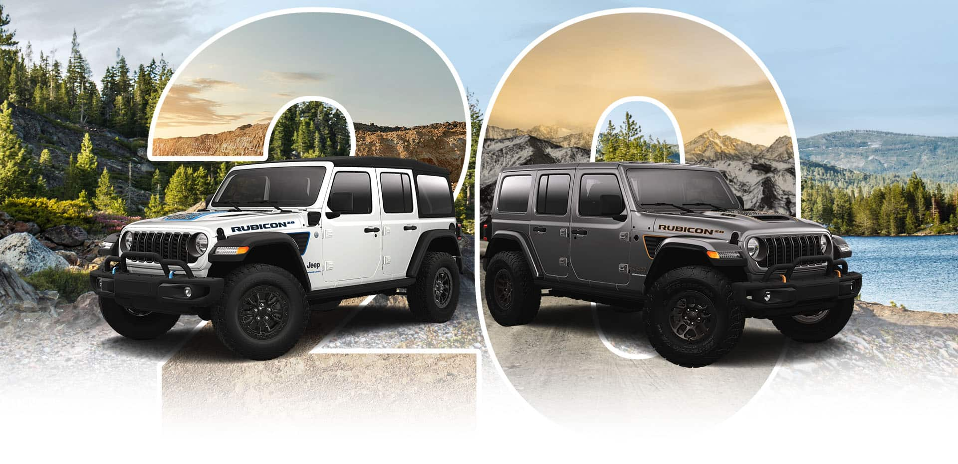 Un Jeep Wrangler Rubicon 4xe 20th Anniversary Edition 2023 blanco y un Jeep Wrangler Rubicon 392 20th Anniversary Edition 2023 gris, estacionados junto a un lago, con montañas de fondo. Hay un gran número 20 semitransparente ubicado directamente detrás de los vehículos.