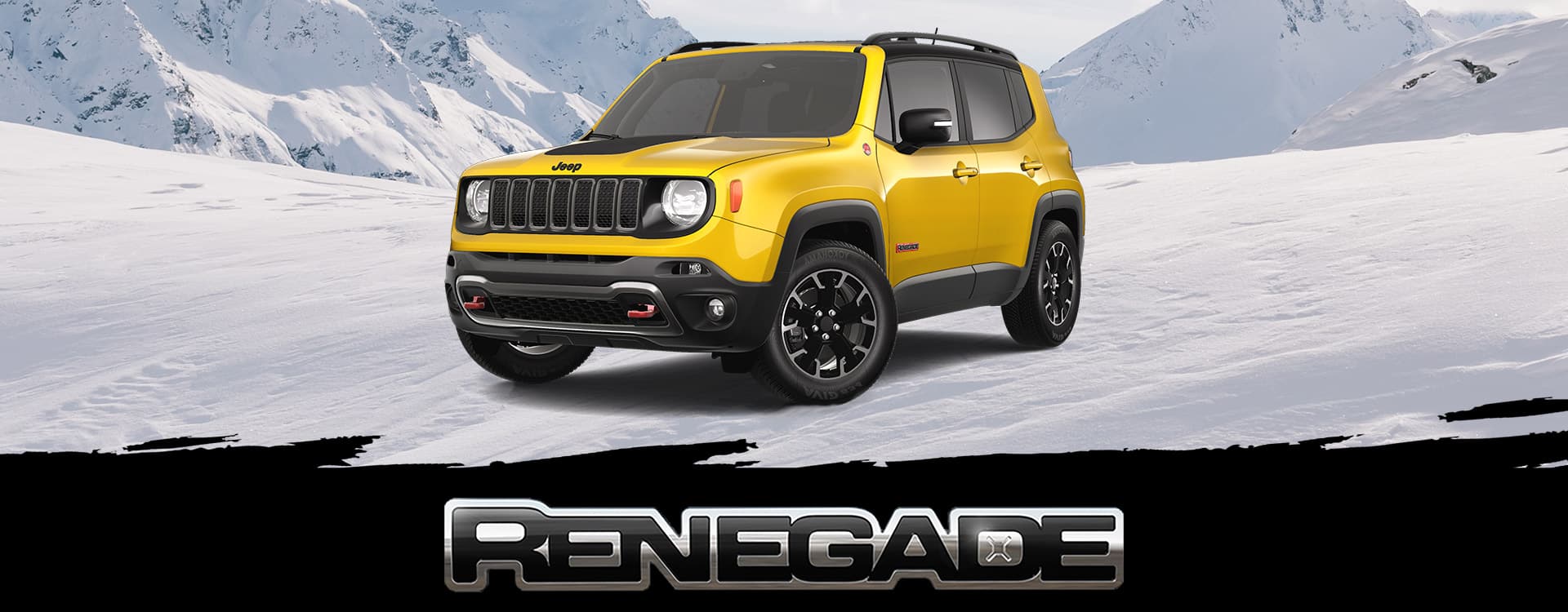 A yellow 2023 Jeep Renegade Trailhawk parked on a snow-covered clearing in the mountains. Renegade.
