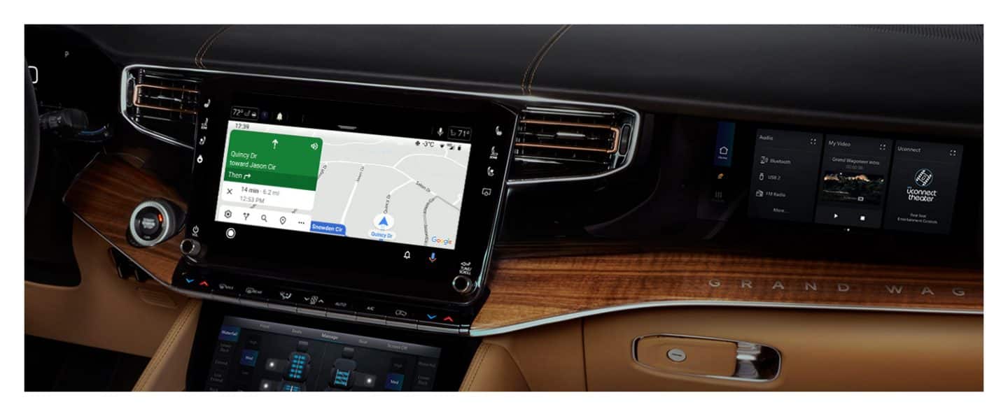 The Uconnect touchscreen in the 2023 Grand Wagoneer Series III with map guidance on-screen.