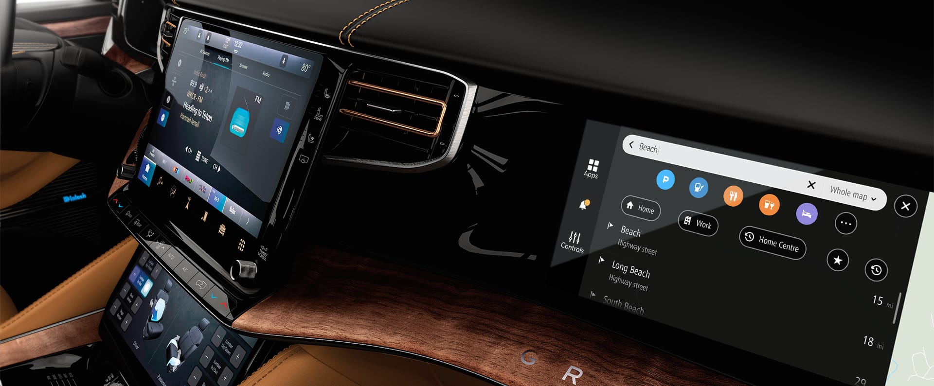 A close-up of the Uconnect touchscreen and passenger screen in the 2023 Grand Wagoneer Series III.