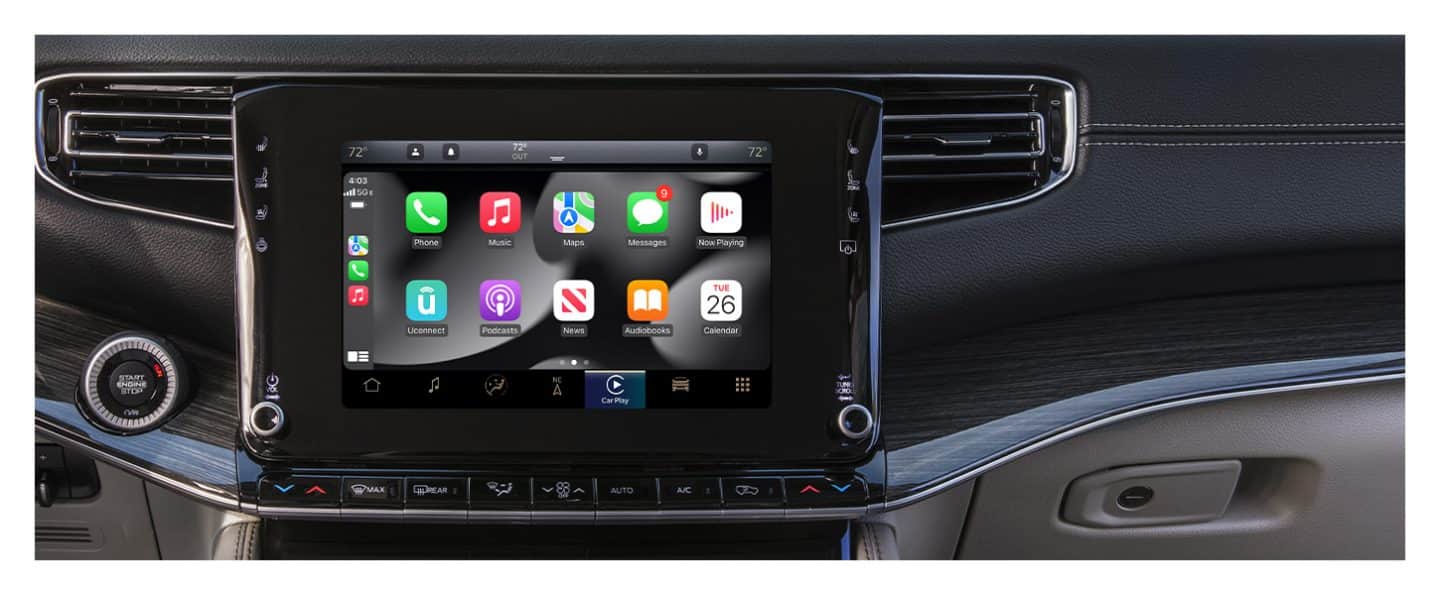 The Uconnect touchscreen in the 2023 Wagoneer Series III displaying a variety of Apple CarPlay selections.