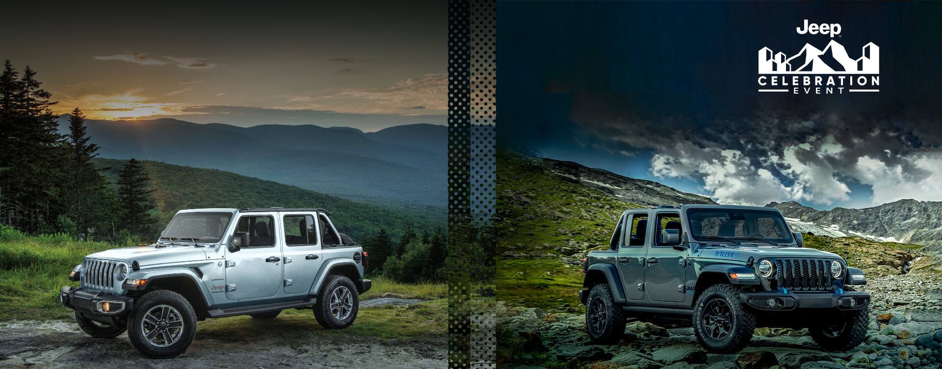 A split-screen featuring two Wrangler models. On the left, a silver 2023 Jeep Wrangler Unlimited Sahara parked on a grassy trail off-road in a clearing at sunset, with mountains in the background. On the right, a gray 2023 Jeep Wrangler Unlimited Willy's 4xe parked on a rocky trail off-road, with mountains and storm clouds in the background. The Jeep Celebration Event.