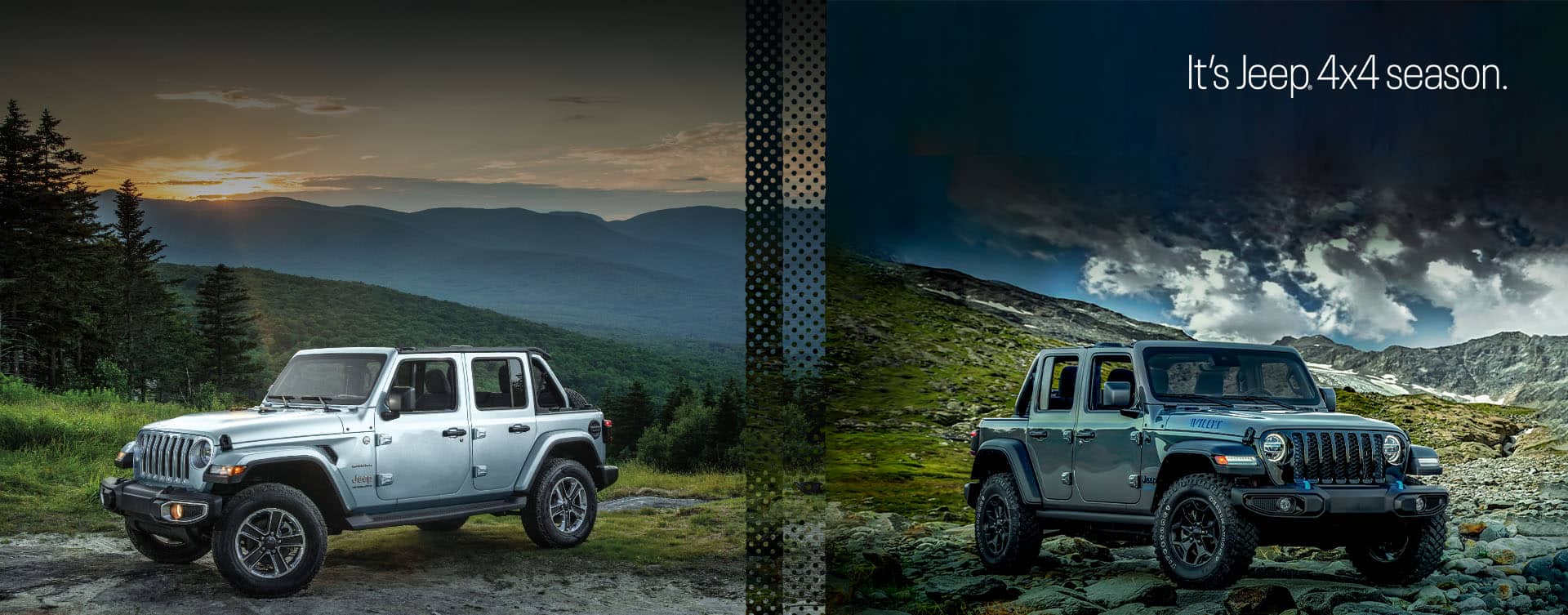 2023 Wrangler Sahara gas model shown (left), Starting at MSRP* $46,120. 2023 Wrangler Willys 4xe model shown (right), Starting at MSRP* $54,735. The It's Jeep Season logo.