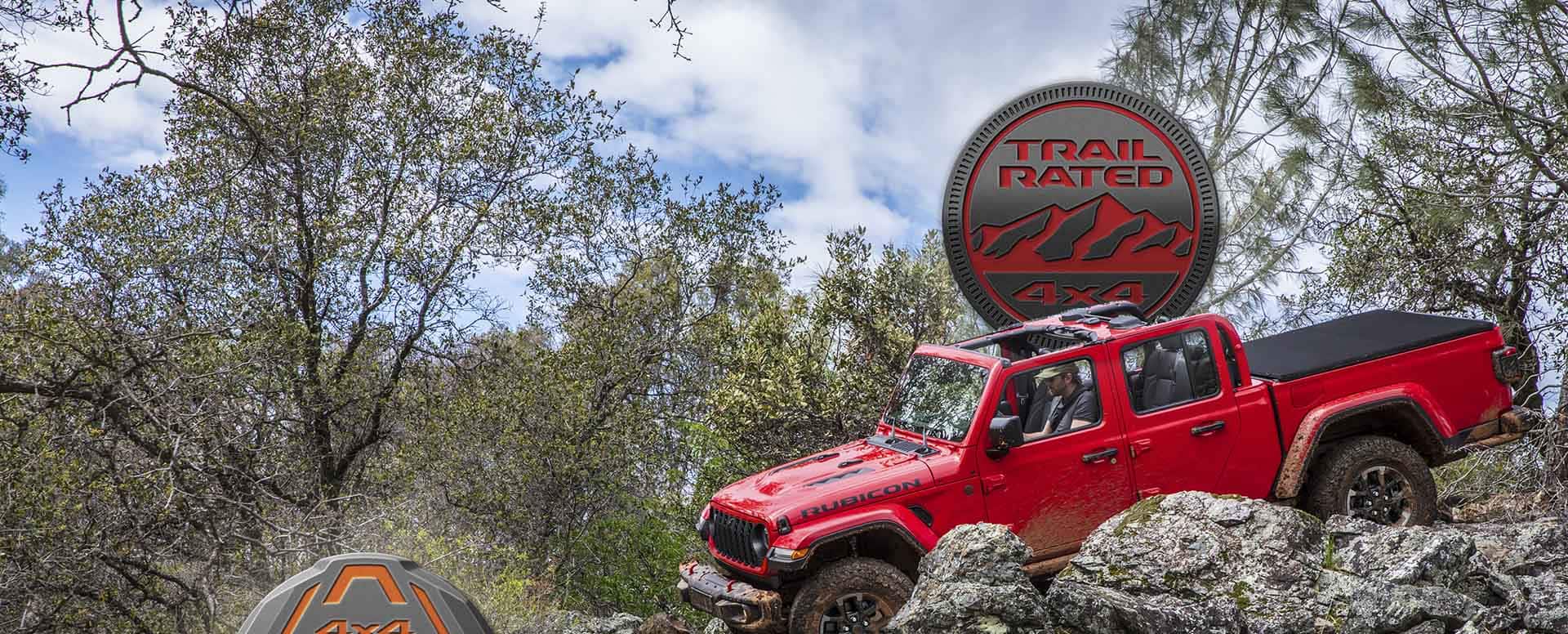 Two blended images: On the upper right, a red 2024 Jeep Gladiator Rubicon with its roof removed, descending a rocky, muddy trail off-road. TheTrail Rated 4x4 badge. On the lower left, a silver 2024 Jeep Gladiator Mojave kicking up sand as it is driven across a desert plain. The 4x4 Desert Rated badge.