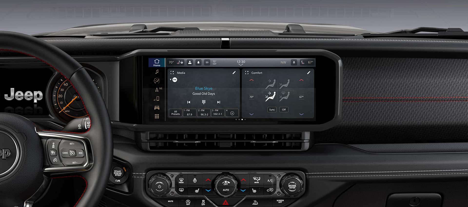 The Uconnect touchscreen in the 2024 Jeep Gladiator with a split screen displaying an audio selection on the left, and the climate controls on the right.