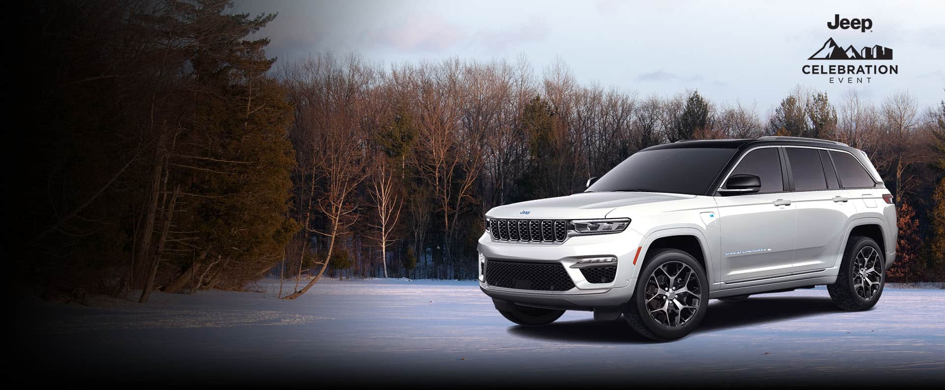 An angled passenger-side profile of a white 2024 Jeep Grand Cherokee Summit Reserve 4xe parked on a snow-covered trail, with trees in the background. Jeep. Jeep Celebration Event logo.