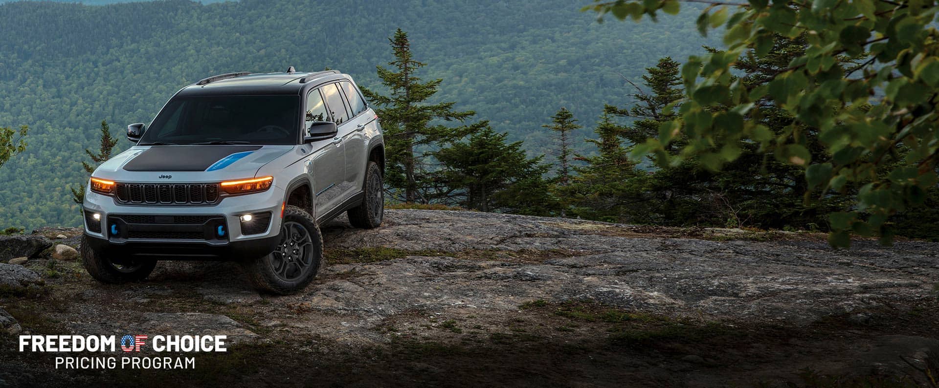 Un Jeep Grand Cherokee 4xe Trailhawk 2024 con inserción negra en el capó estacionada al borde de un acantilado en las montañas. Programa de precios Freedom of Choice.