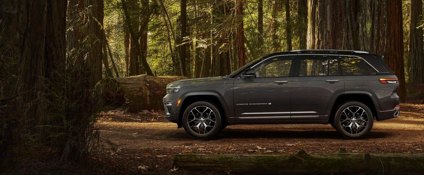 The driver-side profile of a gray 2024 Jeep Grand Cherokee Summit Reserve, parked in the woods.