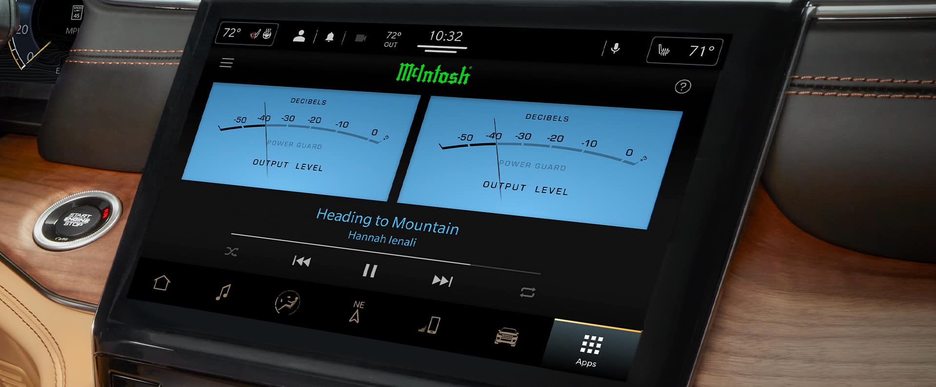 La pantalla táctil Uconnect en el Jeep Grand Cherokee Summit Reserve 2024, que muestra los niveles de salida del sistema de sonido McIntosh.