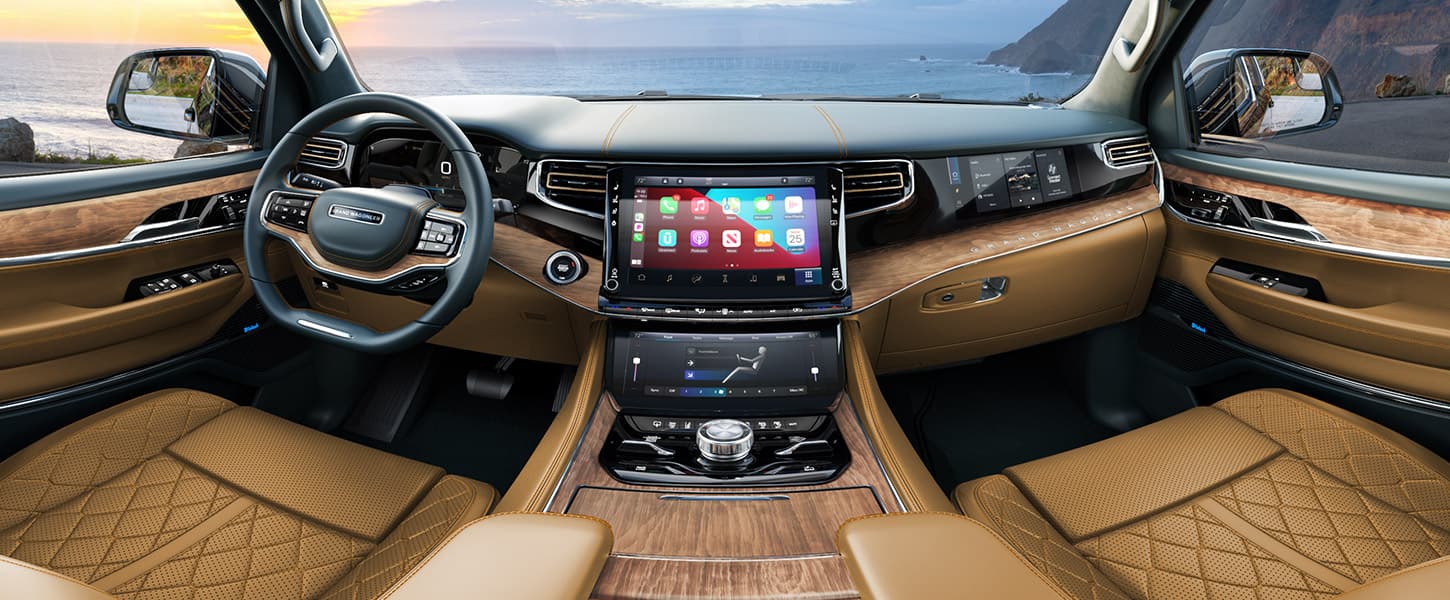 A 360-degree rotating angle of the interior, beginning with the front row of a 2024 Grand Wagoneer Series III. 