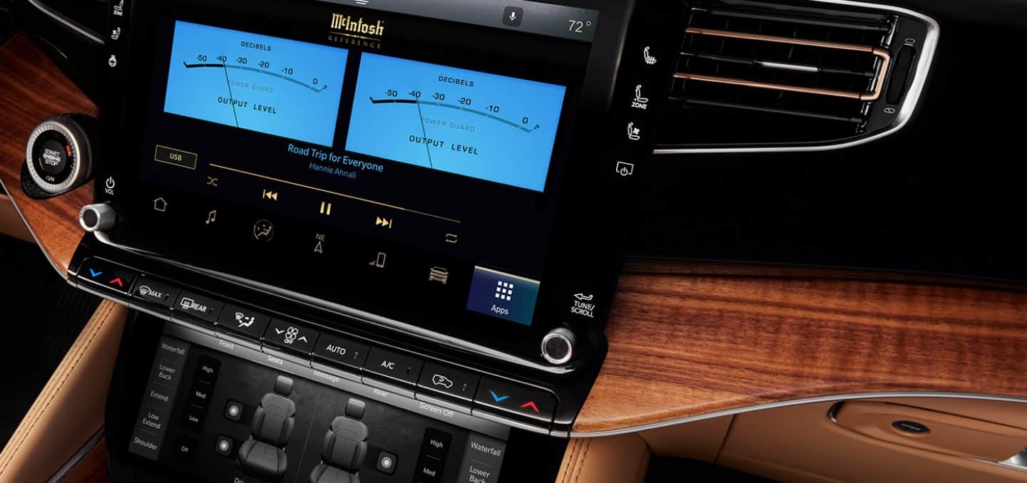 Display The Uconnect touchscreen in the 2024 Grand Wagoneer displaying the output of the McIntosh Entertainment System.